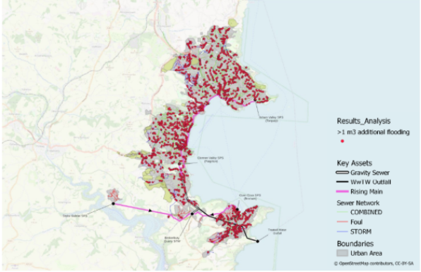 A map of Torbay with a key showing flooding detriment due to development foul flows, creep across the whole catchment and 50% climate change allowance.