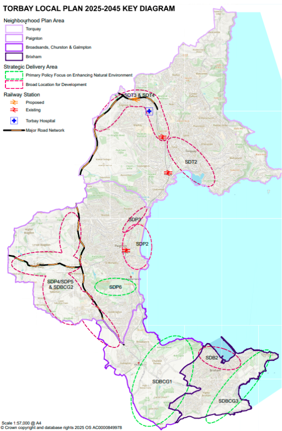 Shows aerial view of Torbay with Neighbourhood Plan and Strategic delivery areas highlighted.