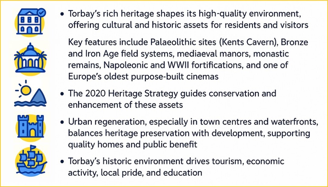 Icons of a historic house, a domed building with palm trees, a sunset over water, a castle entrance, and a sailing ship accompany text about Torbay's heritage, conservation, urban regeneration, and tourism.