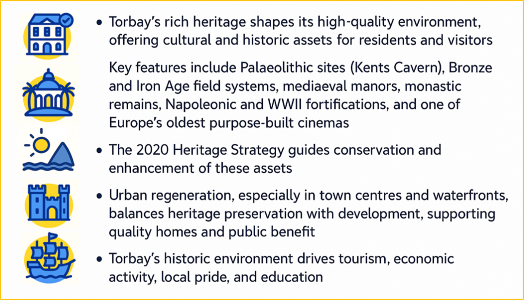 Torbay’s rich heritage shapes its high quality environment, offering cultural and historic assets for residents and visitors.
Key features include palaeolithic sites such as Kent’s Cavern, Bronze Age and Iron Age field systems, mediaeval manors, monastic remains, Napoleonic and World War 2 fortifications, and one of europe's oldest purpose built cinemas.
The 2020 heritage strategy guides conservation and enhancement of these assets.
Urban regeneration, especially in town centres and waterfronts, balances heritage preservation with development, supporting quality homes and public benefit.
Torbay's historic environment drives tourism, economic activity, local pride, and education.