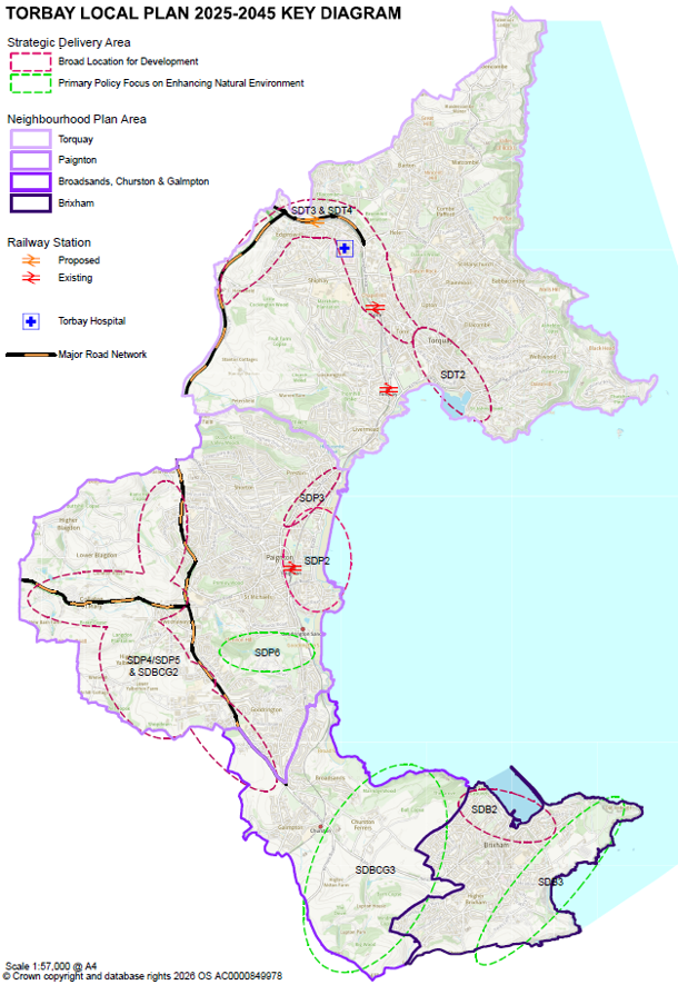 Plan of Torbay indicating key areas for development and primary policy focus on enhancing natural environment areas. 